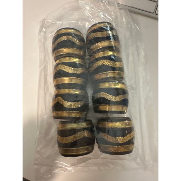 Moody Hollywood Regency Black Enamel Etched Brass Barrel Napkin Rings SET of 8 - Picture 3 of 13